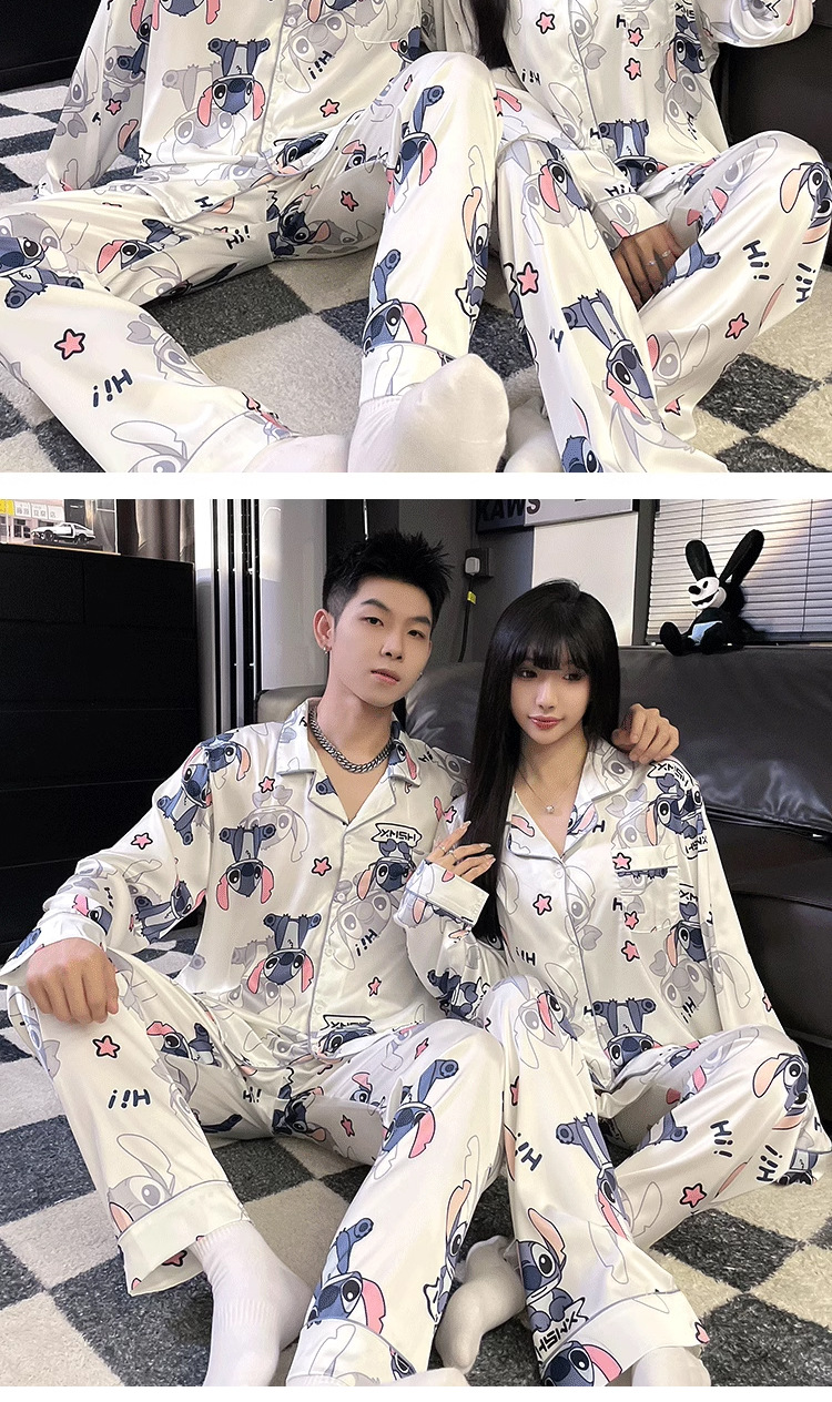 法米姿 情侣睡衣春秋冰丝长袖女薄款高级感款可爱男士夏季家