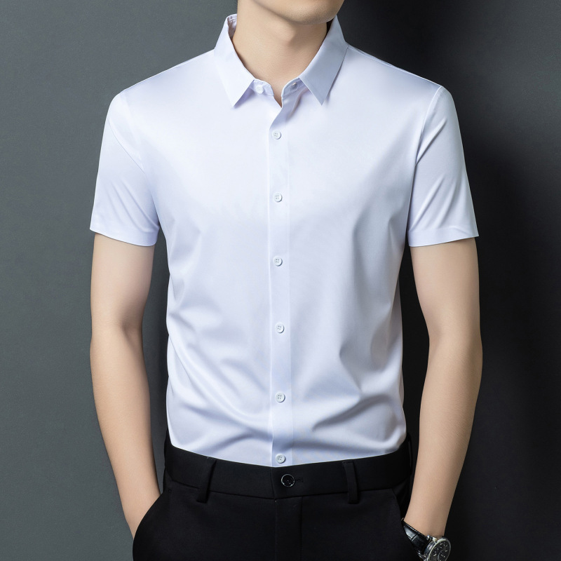 Men's Ice Silk Short-Sleeved Shirt, Summer Seamless Shirt, Men's Solid Color Stretchy Lapel Top, Business Dad Wear