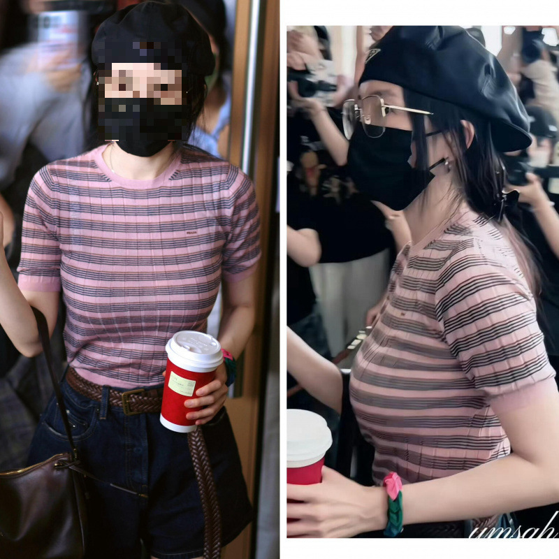 Yang Mi's same style color-blocked striped knit top for women, fashionable Chanel-style short-sleeved round-neck T-shirt, slim-fit and figure-flattering top