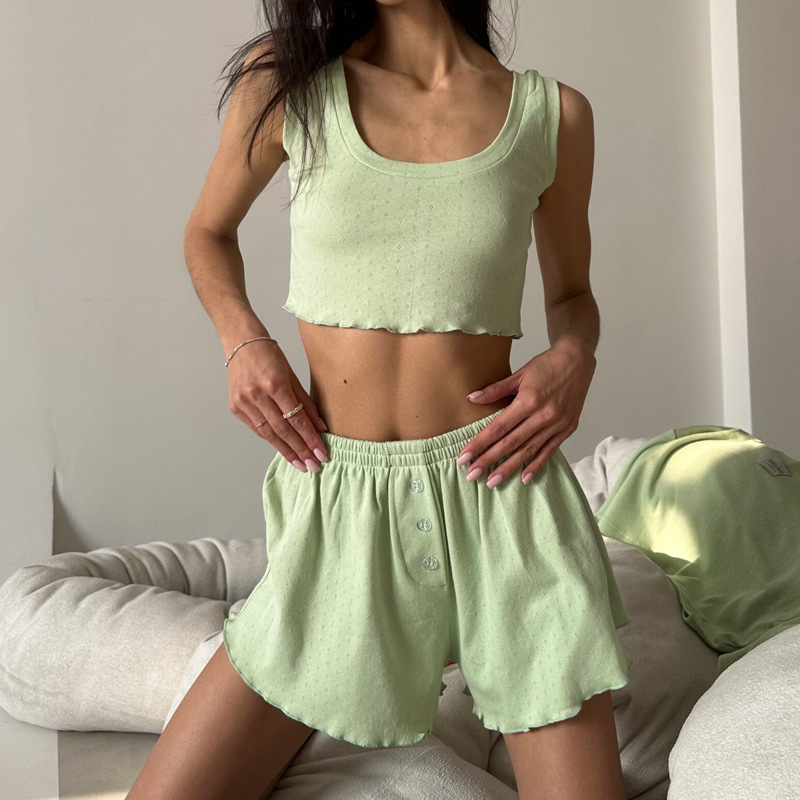 Summer Casual Women Suit Solid Color Hollow Out Cutout Design Sling Pajamas Home Wear 9 Summer Casual Women Suit Solid Color Hollow Out Cutout Design Sling Pajamas Home Wear