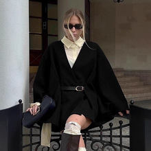 跨境欧美V领黑色毛呢外套女2025冬季新款高级感宽松套头上衣女装