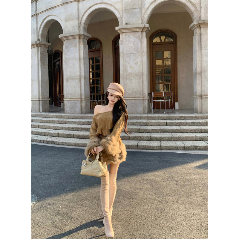 气质名媛腰带收腰针织连衣裙拼接毛毛毛衣裙女|undefined