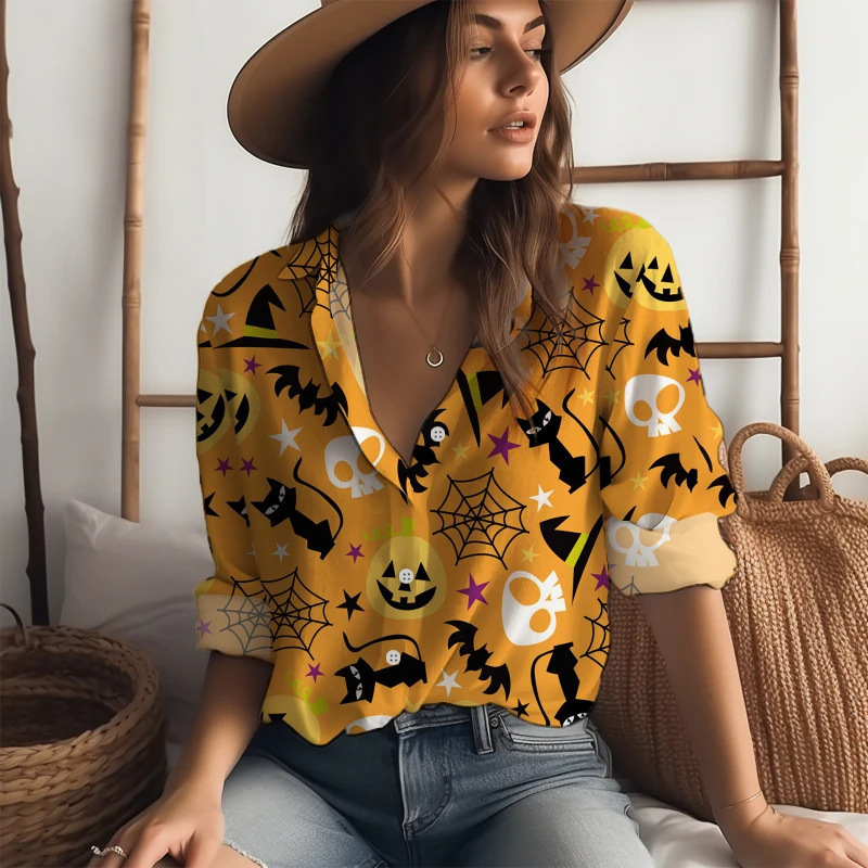 2025 Street Goth Shirt New Women's Fashion Halloween Creative 3D Digital Printing Long Sleeve Button Shirt 2025 Street Goth Shirt New Women's Fashion Halloween Creative 3D Digital Printing Long Sleeve Button Shirt