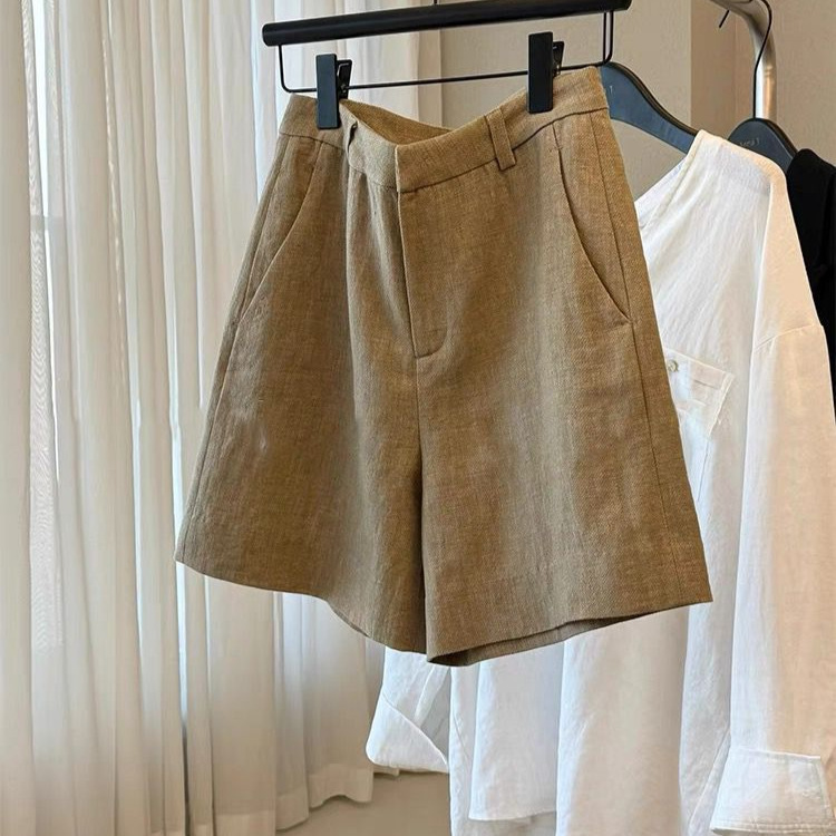 Chao Level Recommendation! Fashionable and Casual Drapedy Old Money Style Khaki Linen High Waist Slimming Look Leg-Lengthening Shorts for Women