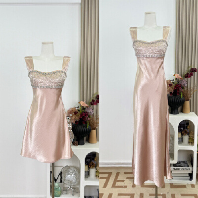 New Pink Satin Suspender Dress for Women, Light Luxury Sequined Waist-Cinching Evening Gown, Long Party Dress New Pink Satin Suspender Dress for Women, Light Luxury Sequined Waist-Cinching Evening Gown, Long Party Dress