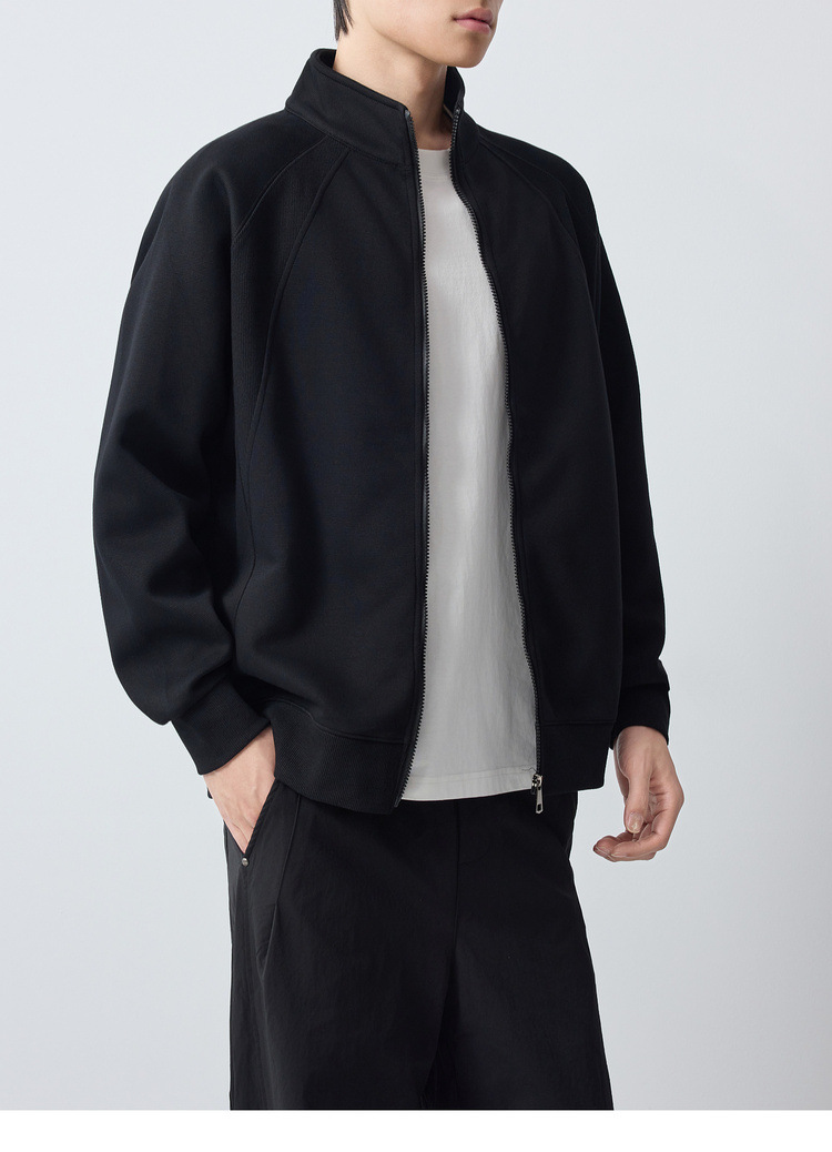 Áo hoodie nam nỉ cổ đứng khóa kéo phong cách thể thao thành phố — đen chi tiết 25