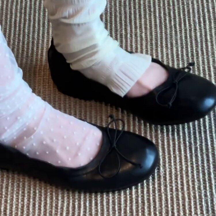 Giày búp bê nữ mũi tròn da bò thật gót thấp thắt nơ kiểu Pháp — màu đen