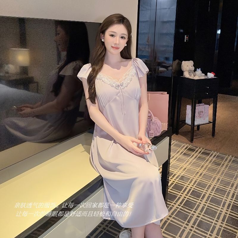 Summer's New High-End Ice Silk Fabric Nightgown with Small Flutter Sleeves, Cool Feel, Detachable Chest Pads, Gentle and Slimming, Perfect for Home Wear Summer's New High-End Ice Silk Fabric Nightgown with Small Flutter Sleeves, Cool Feel, Detachable Chest Pads, Gentle and Slimming, Perfect for Home Wear