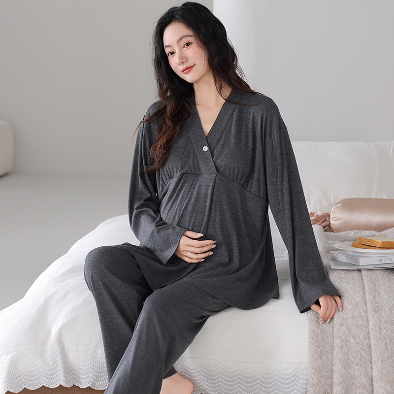 Women's Modal Maternity Pajamas with Chest Pad for Spring and Summer, Long Sleeve and Long Pants Two-Piece Set for Pregnant Women