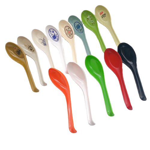 Melamine Colorful Patterned Spoons Plastic Ceramic-like Hook Spoons Ramen Soup Ladles Soup Spoons for Restaurants Commercial Long-handled Spoons