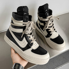 2025秋季新款真皮欧美潮流短靴高帮倒三角黑白个性厚底增高男鞋潮