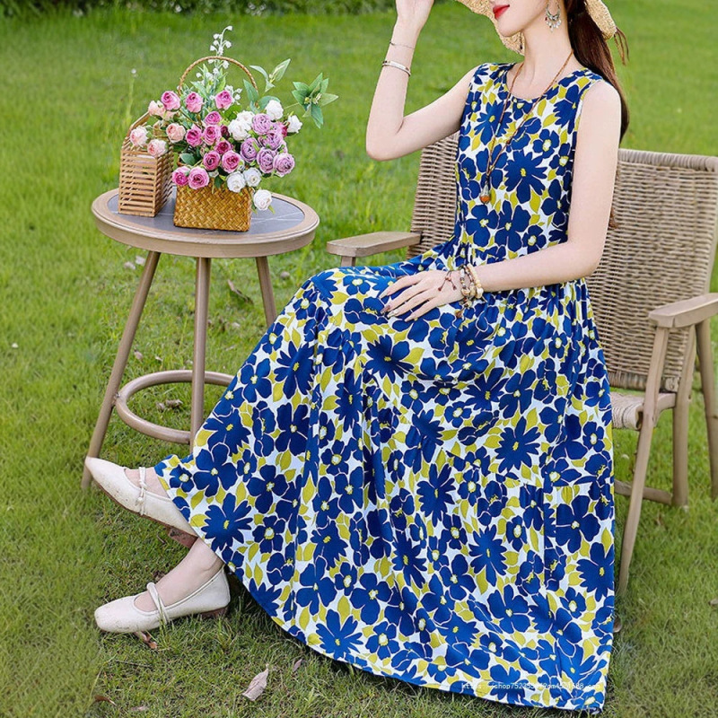 Summer Sleeveless Cotton Silk Dress for Women, Plus Size, Long, Over-The-Knee, New Style, Vacation, Slimming, High-End, Tank Top, Suspender Dress