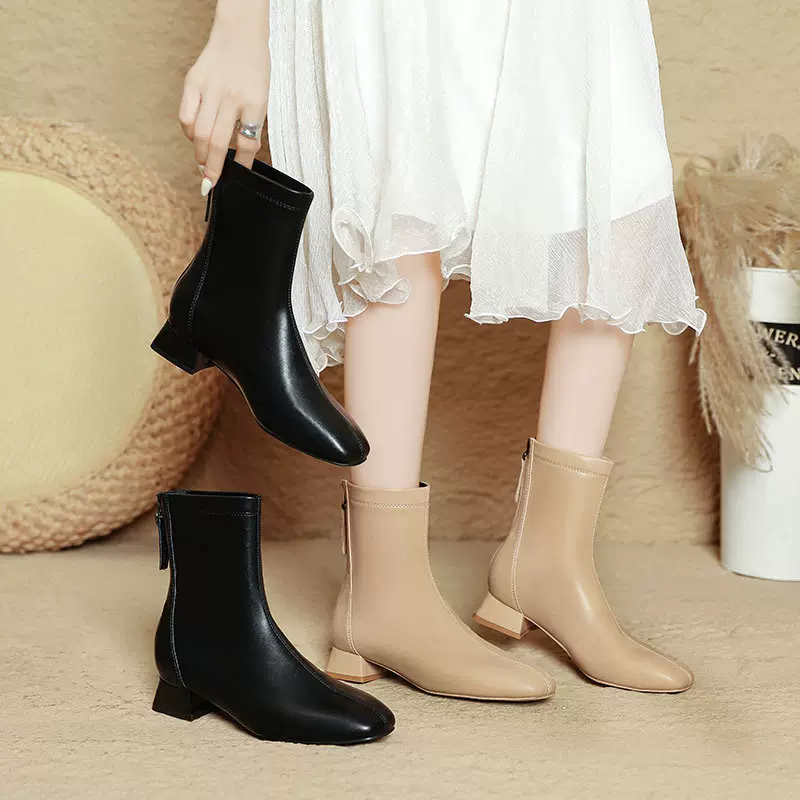 法式小短靴女粗跟2025新款秋冬女靴子中筒低跟方头瘦瘦靴女式皮靴