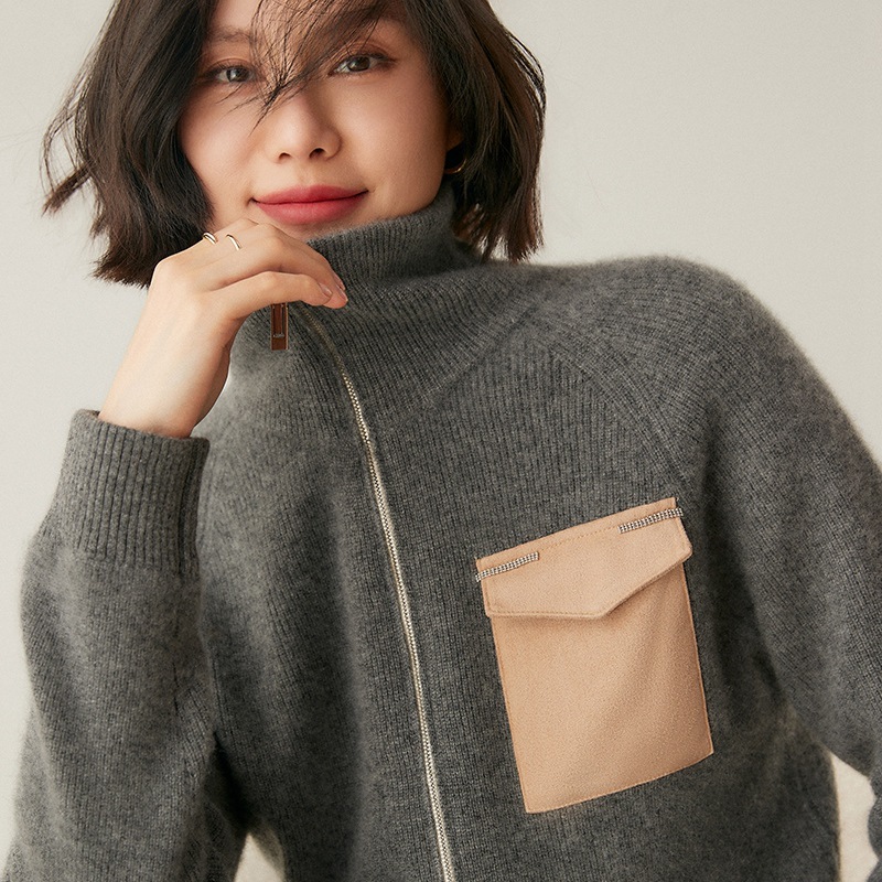 跨境2024秋冬女装韩版立领拉链山羊绒针织开衫加厚运动风休闲毛衣