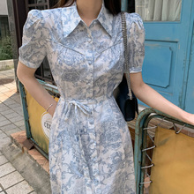 韩国chic2025夏日新品法式优雅气质绝美翻领水墨画印花收腰连衣裙