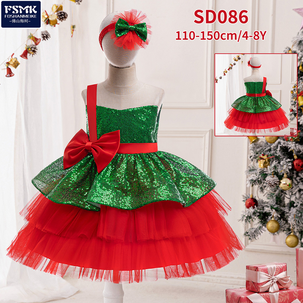 Europa y América Navidad vestido de niños rojo y verde sequilla red de acero vestido de princesa vestido de fiesta vestido de noche de niñas