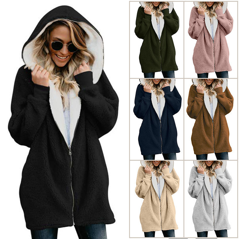 Amazon wish European and American hooded zipper lambswool coat cardigan sweater sweater women