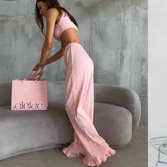 2025夏の欧米風の新型プリントニットの短い上着のフリルのズボンの2つのセットの女性の部屋の服