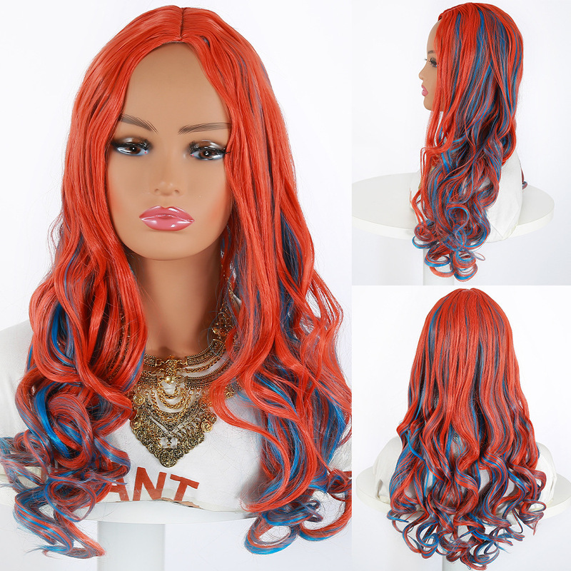 【Cross-Border】Wigs European and American Hunanhairwigs Curly Wigs Colorful Multi-Color Gradient Wigs Long Curly Hair