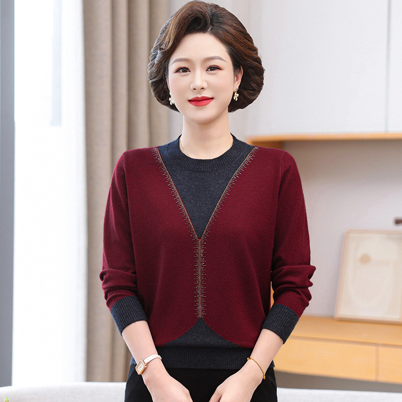 2025春秋妈妈装时尚提花针织衫毛衣大码宽松冬季打底衫圆领长袖，女装针织衫/毛衣，妃慕昵服饰