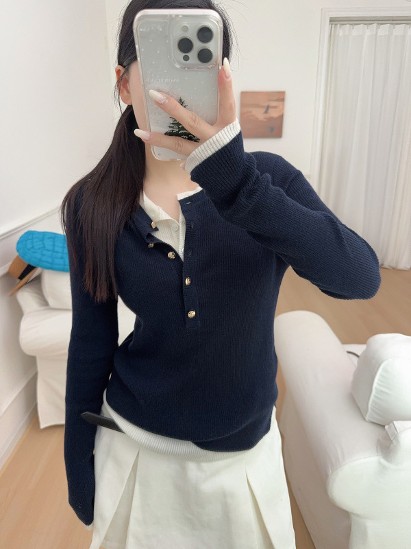 25早秋新品圆领修身抽条假两件女套衫长袖弹力针织打底衫显瘦上衣|undefined