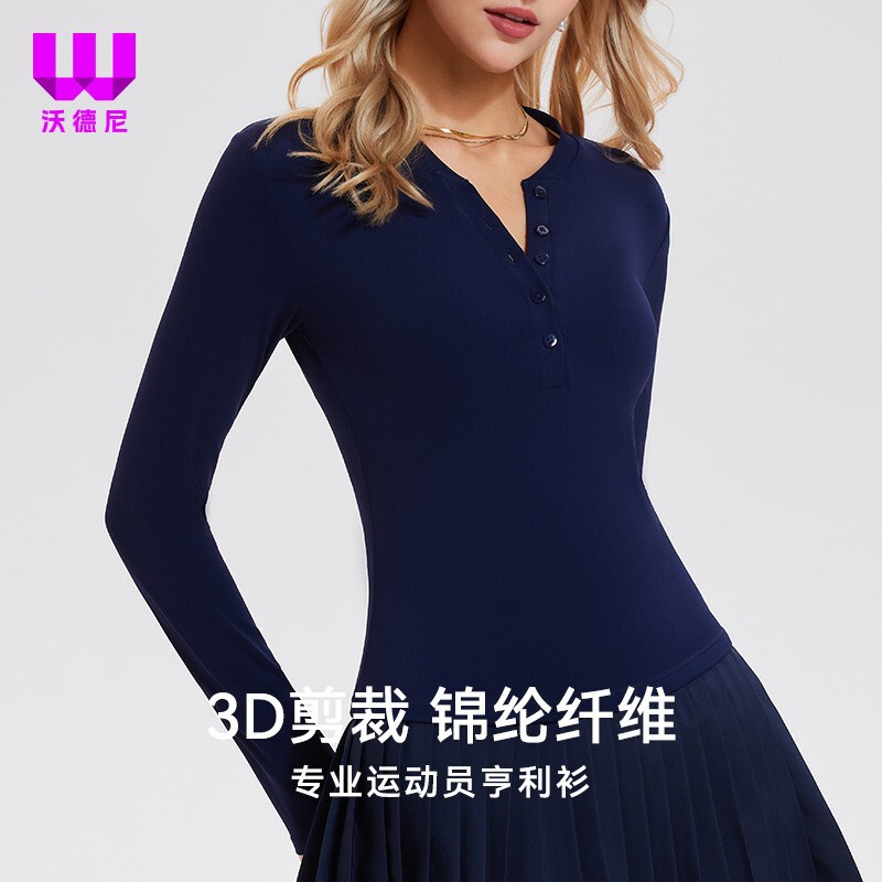 American-Style Women's Long-Sleeve T-Shirt, Slim-Fit Henley Shirt, Sports Top with Buttons, Casual Fitness Regular Shoulder Yoga Wear