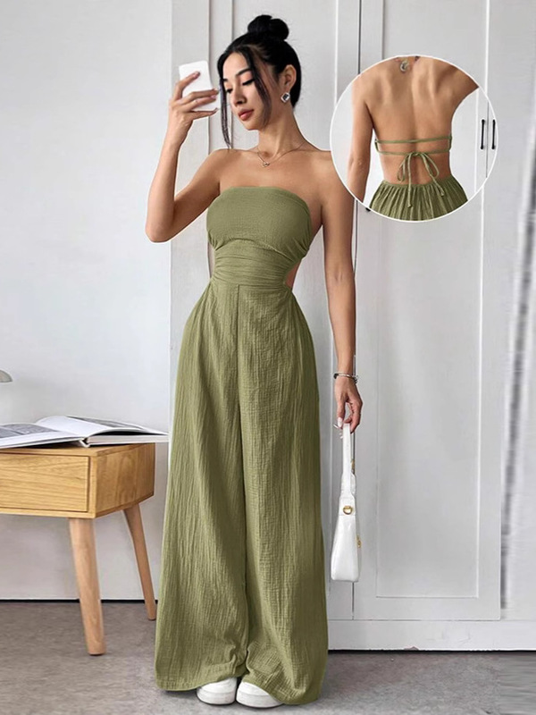 ヨーロッパとアメリカのクロスボーダーファッション気質カジュアル気質Lv服婦人服無地チューブトップウエストワイドレッグパンツ|undefined