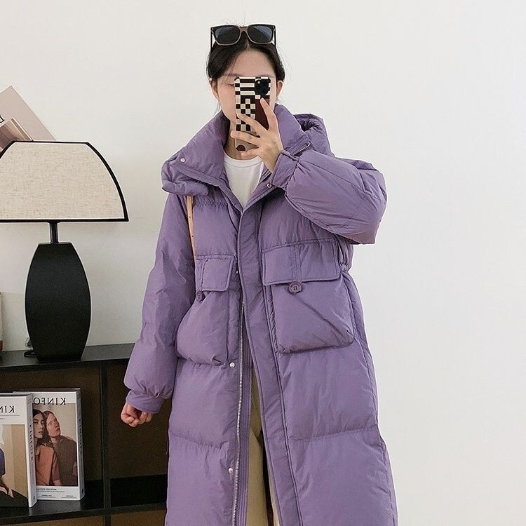 2024 New Hooded down Jacket Women's Mid-Length Korean Style Loose Slim Waist Half Button White Duck down Jacket 2024 New Hooded down Jacket Women's Mid-Length Korean Style Loose Slim Waist Half Button White Duck down Jacket