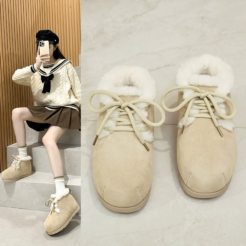 Снежные сапоги женский 2024 зимний новый матовая кожа плюс бархат теплая, уродливые, милые хлебные туфли увеличены на толстой подошве, модные короткие сапоги