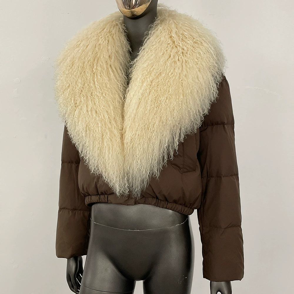 Down jacket Elite, velvet‑woolen shell, white duck down fill, detachable lamb‑wool collar