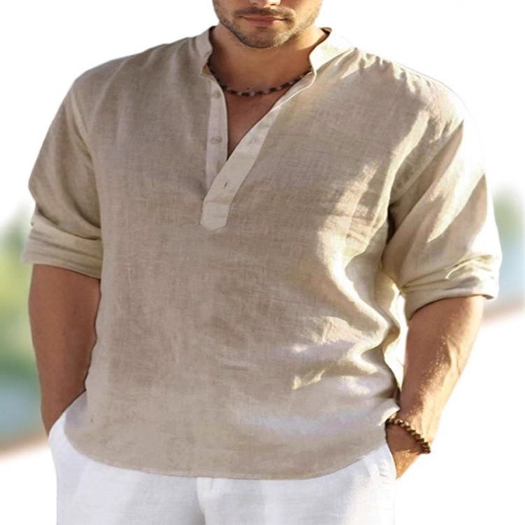 Men's Linen Long-Sleeved T-Shirt, Loose Undershirt, Solid Color Long-Sleeved Cotton Linen Shirt, Men's Plus Size_viptrois.com