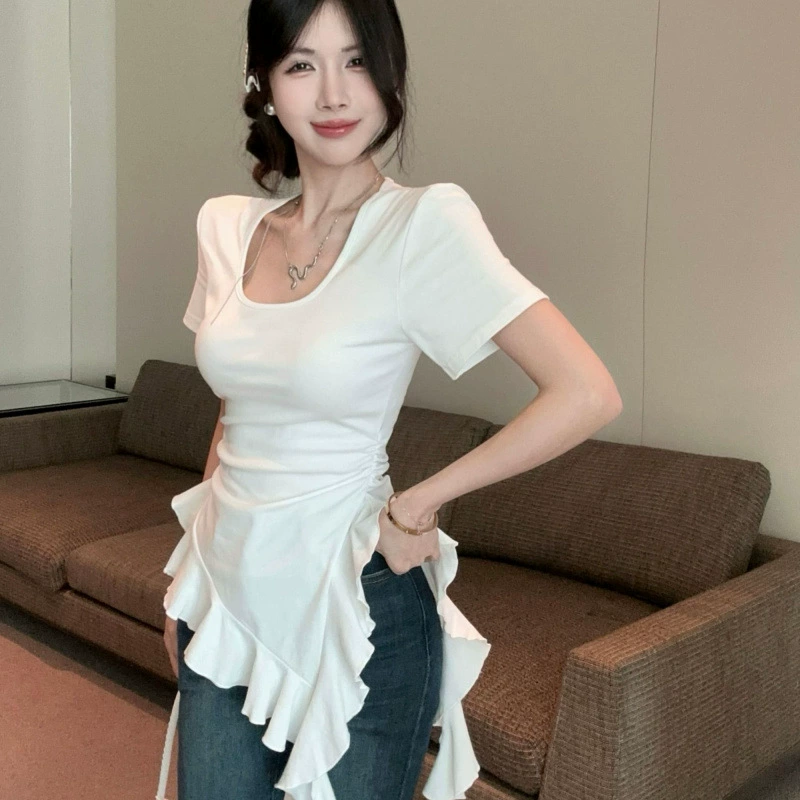 Женская летняя футболка больших размеров с асимметричным подолом в виде листа лотоса и короткими рукавами, утягивающая рубашка с верхом и низом