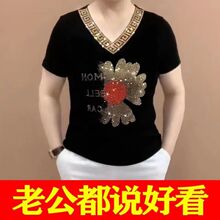 妈妈装烫钻v领短袖t恤女夏季新款女士大码遮肚子打底衫洋气上衣潮