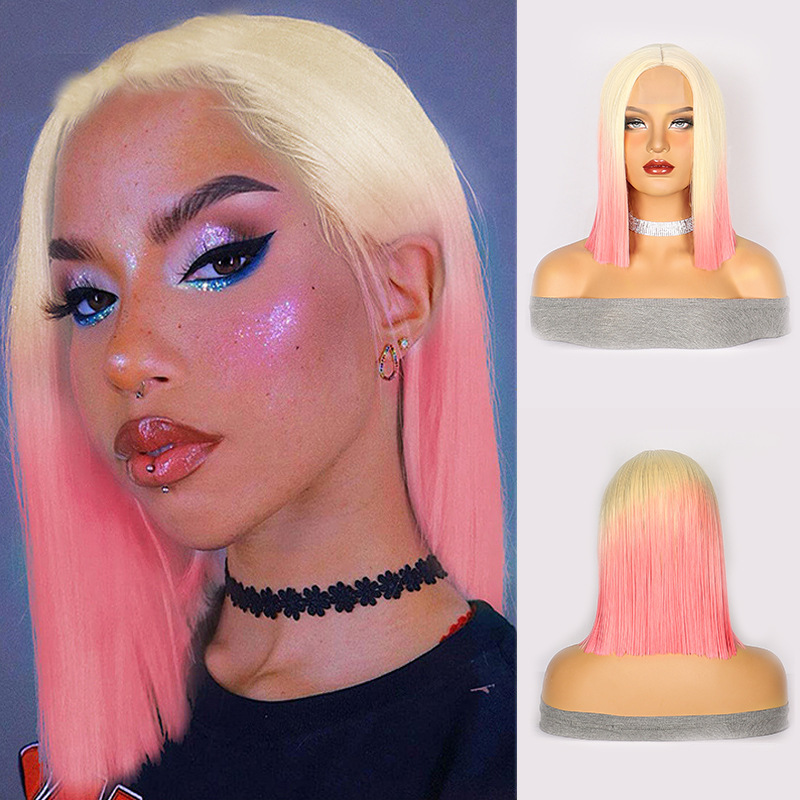 Wigs European and American Fashion Wigs for Women with Lace Front, Gradient Color Small Lace, Xuchang Manufacturer, In-Stock High-Temperature Silk