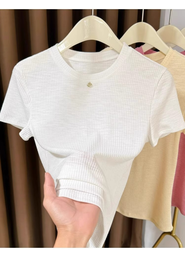 Women's Pink Ribbed Short Sleeve T-shirt Lightweight Basic Top_voghion.com