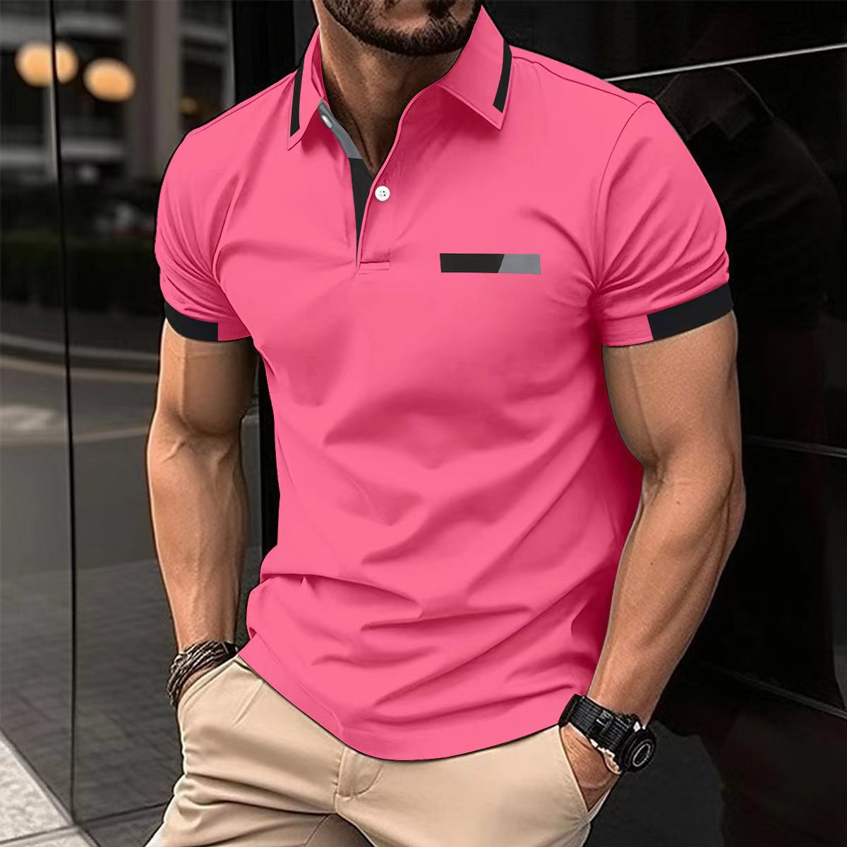 Amazon nuevo transfronterizo de los hombres de la camisa de polo ocasional pecho falso bolsillo solapa botón de negocios camiseta superior de los hombres