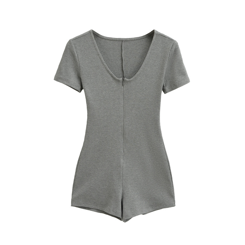 American Tight-Fitting V-Neck Zipper Short-Sleeved Jumpsuit Women's Summer Elastic Slimming Look Sports Pilates Yoga Jumpsuit