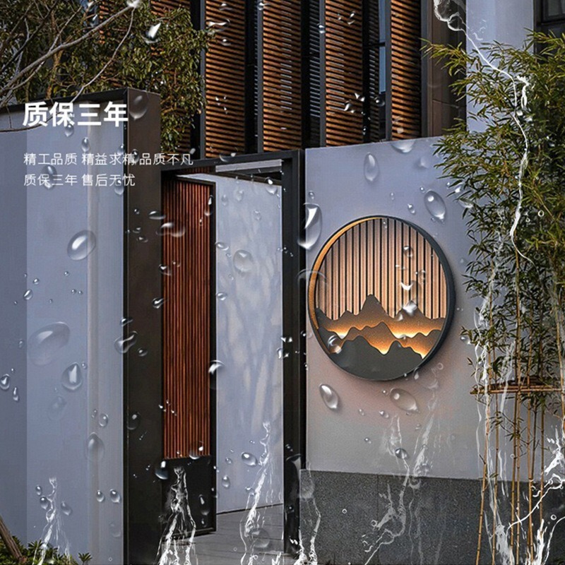 New Chinese-Style Circular Landscape Painting Outdoor Wall Lamp, Courtyard Villa Landscape Lamp, Living Room Tea Room Entrance Door Decorative Wall Lamp