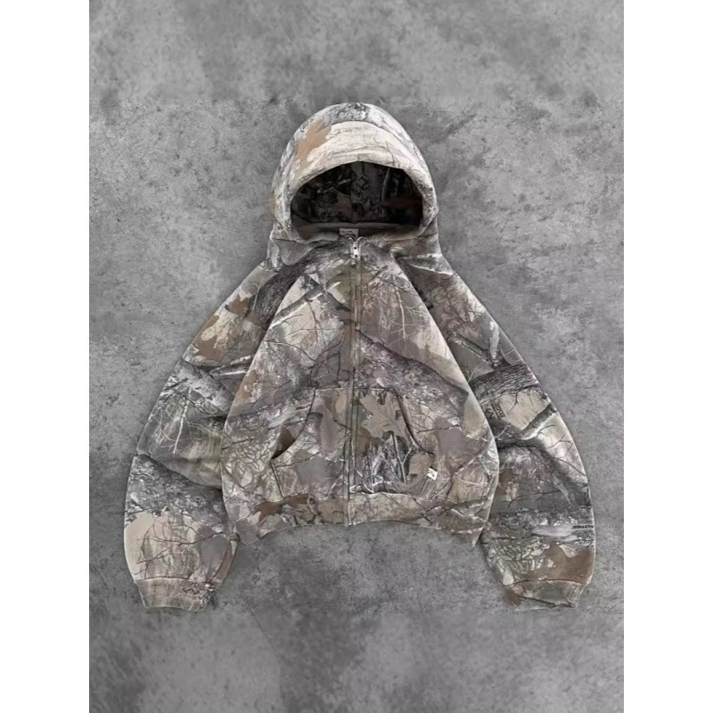 Men's Clothing European And American Retro Leaf Print Hooded Sweatshirt Couple Harajuku Style Hip Hop Zipper Pullover Sweatshirt_viptrois.com