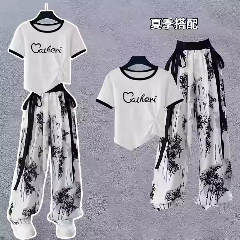 Национальный прилив тонкий летний набор для девочек новый национальный стиль набор новых китайских чернил брюки ретро два комплекта ледяной шелк