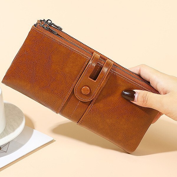 In-Stock Cross-Border Amazon Rfid Anti-Theft Oil Wax Leather Women's Wallet Long Style European and American Retro Double Zipper Clutch Bag