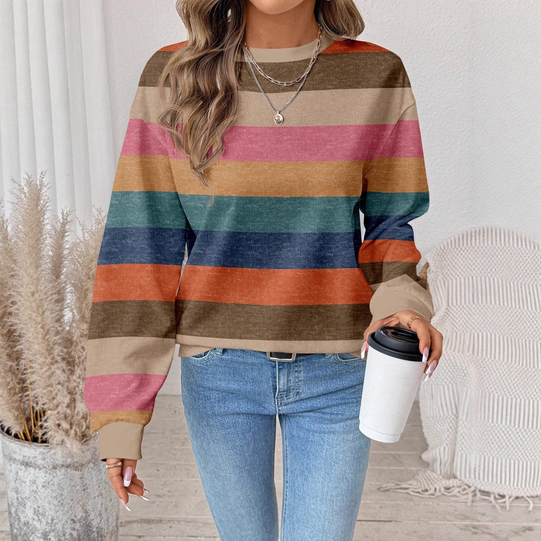 Shein European and American Retro Striped Print Sweatshirt for Women, Autumn Fashion Trendy Loose Round Neck Inner Top 3
