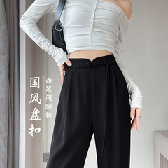 レディーススーツパンツ 春夏 2025年新作 ドレープ感のあるストレートパンツ 中国風 小柄さん向け ブラック ワイドパンツ