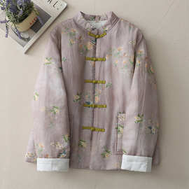 复古棉麻夹棉加厚棉服中式撞色盘扣对襟禅意棉衣外套女