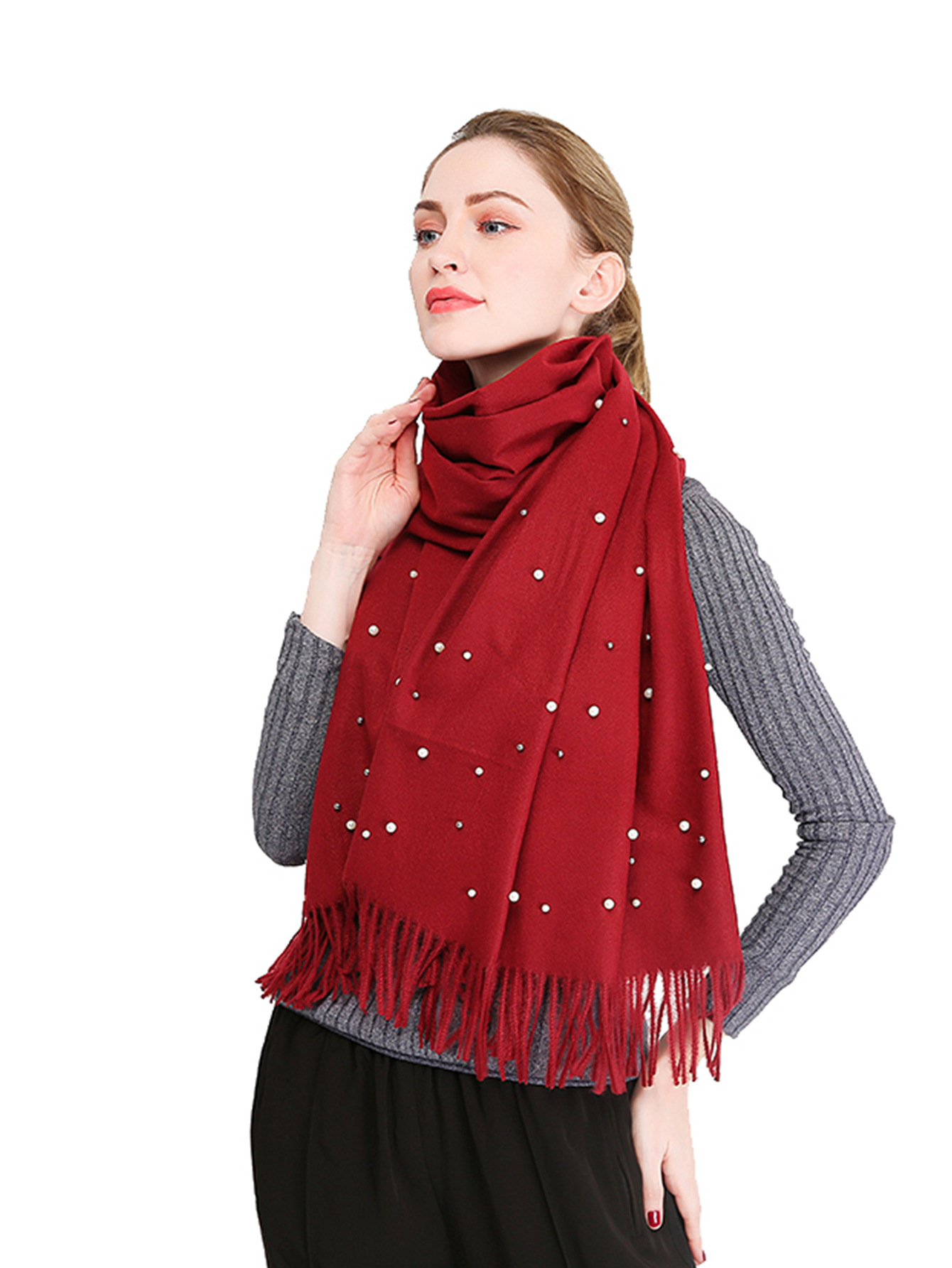 Vente chaude nouvelle automne et hiver couleur unie cheveux épineux clou perle châle en Europe et en Amérique, écharpe femme gland chaud épaissi_voghion.com
