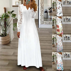 越境欧米婦人服アマゾン2025夏婦人服新作スカートファッションプリントレース長袖ワンピース