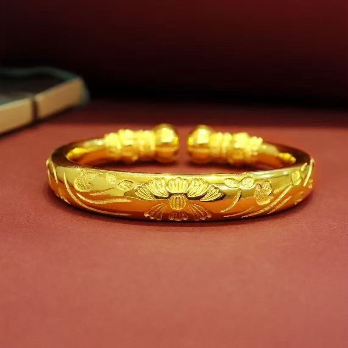 Cross-Border New Chinese-Style Gold-Plated Jewelry, Vintage Pumpkin Head Gold Bracelet, Open Peony Flower Gold-Plated Bracelet Wholesale