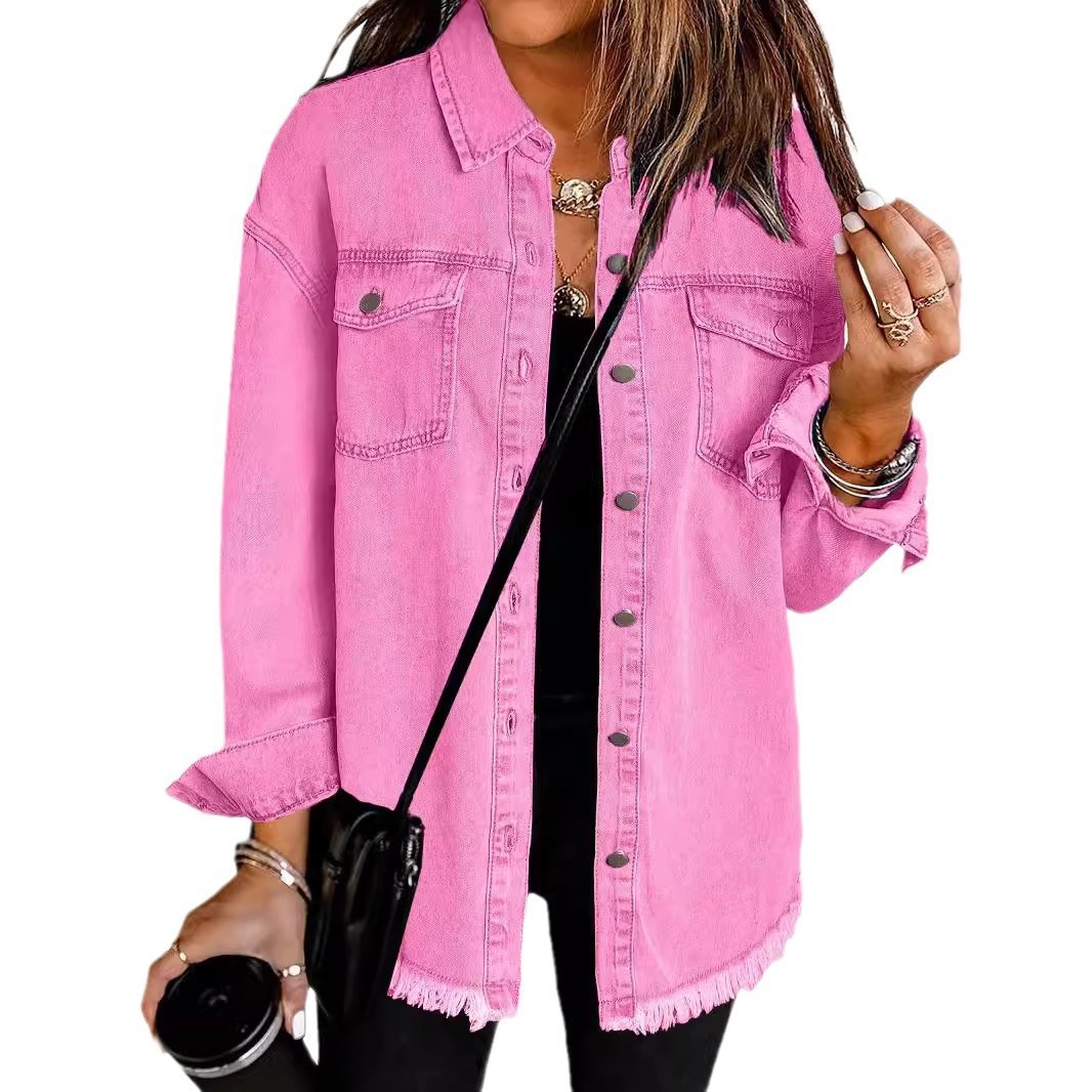 Giacca camicia in denim lavato da donna stile urbano casual_voghion.com