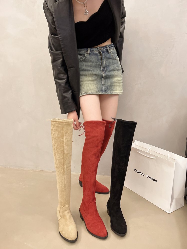 2024 new plus size versatile velvet style knee high fashion pointed thick heel slim elastic long boots_voghion.com