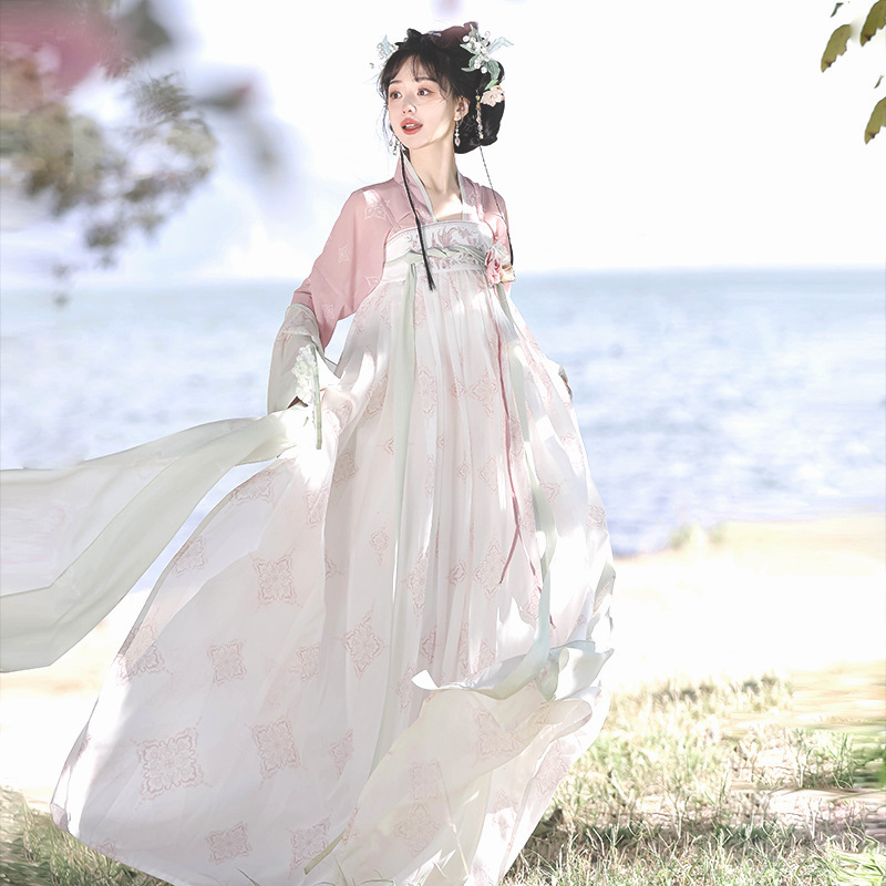 原创设计橙花尽唐制汉服女中国风汉元素披帛上襦齐胸裙套装9038|undefined